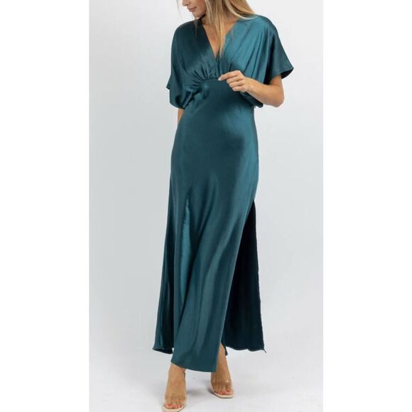 Dress Forum Womens Bat Wing Sleeve Satin Maxi Dress Deep Jasper Size Small NWT - Picture 4 of 13
